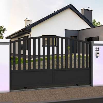 Portail coulissant courbe ajouré en ALU gris anthracite