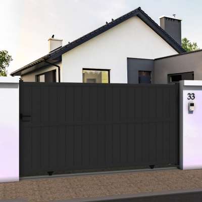 Portail coulissant droit avec lames verticales en ALU gris anthracite
