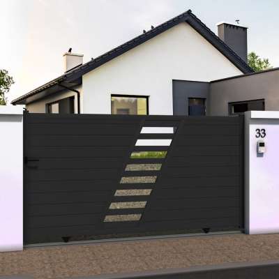 Portail coulissant droit avec décor ajouré en ALU gris anthracite