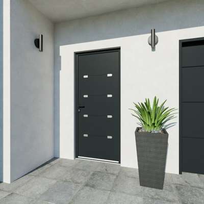 Entrée avec porte gris RAL7016 décor alunox et emboutissage