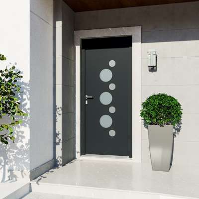 Entrée avec porte décor ronds vitrage sablé et insert alunox intérieur et extérieur RAL 7016