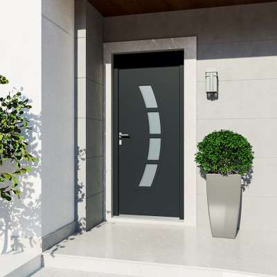 Entrée avec porte décor vitrage sablé et moulures intérieur et extérieur en demi lune RAL7016