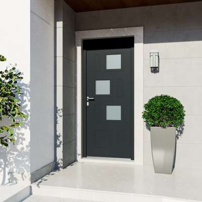 Entrée avec porte décor vitrage sablé et moulures intérieur et extérieur RAL7016