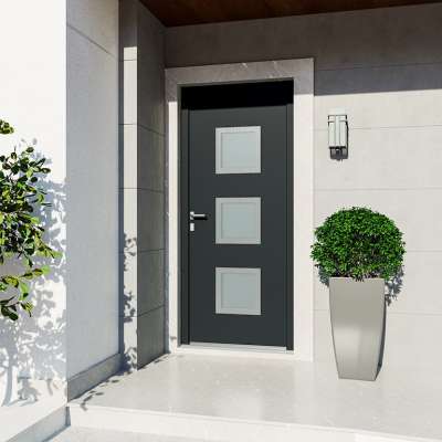 Entrée avec porte Gris 7016 vitrage sablé et insert alunox (intérieur et extérieur)