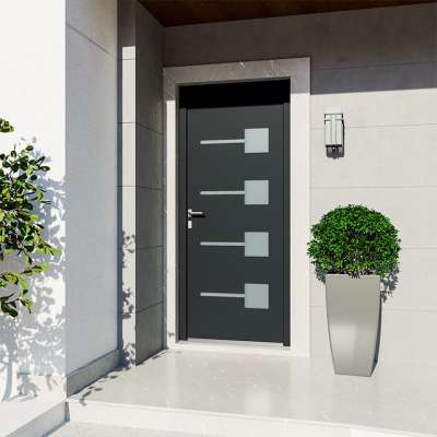 Entrée avec porte PVC décor vitrage sablé et insert alunox (intérieur et extérieur) RAL7016