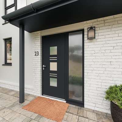 Entrée avec porte ALU vitrage sablé et insert alunox RAL7016
