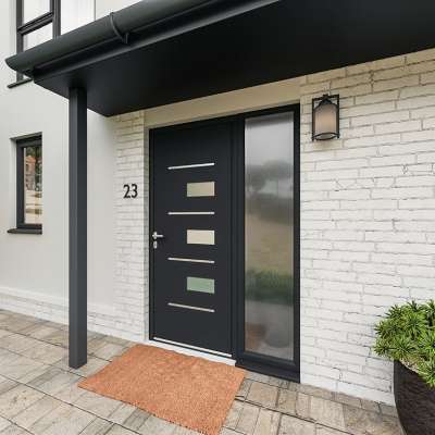 Entrée avec porte ALU vitrage sablé et insert alunox RAL7016