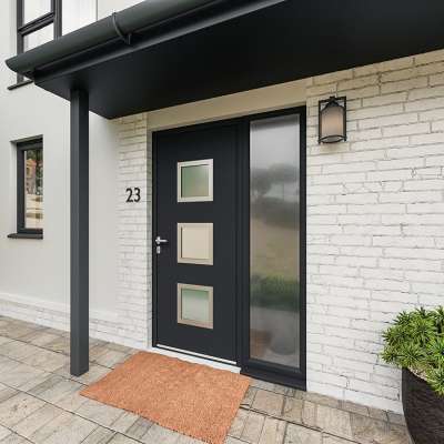 Entrée avec porte ALU vitrage sablé et insert alunox (intérieur et extérieur) RAL7016