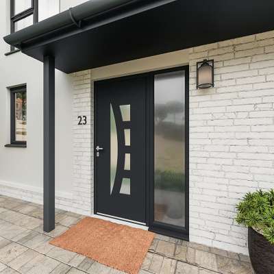Entrée avec porte ALU vitrage sablé RAL7016