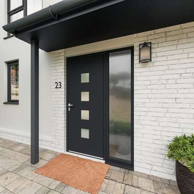 Entrée avec porte ALU vitrage sablé RAL 7016