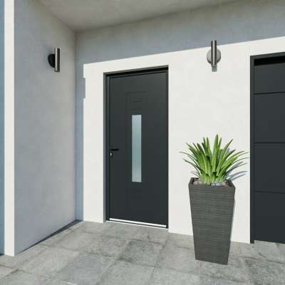 Entrée avec porte gris 7016 décor vitrage et emboutissage