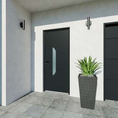 Entrée avec porte gris RAL 7016 décor vitrage et emboutissage