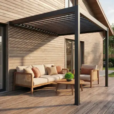 Pergola bioclimatique sur mesure manuelle lames perpendiculaires adossée