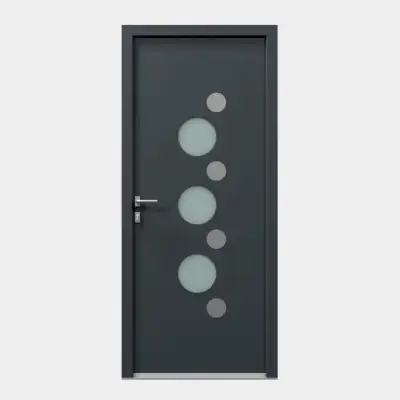 Porte d'entrée décor ronds vitrage sablé et insert alunox intérieur et extérieur RAL 7016