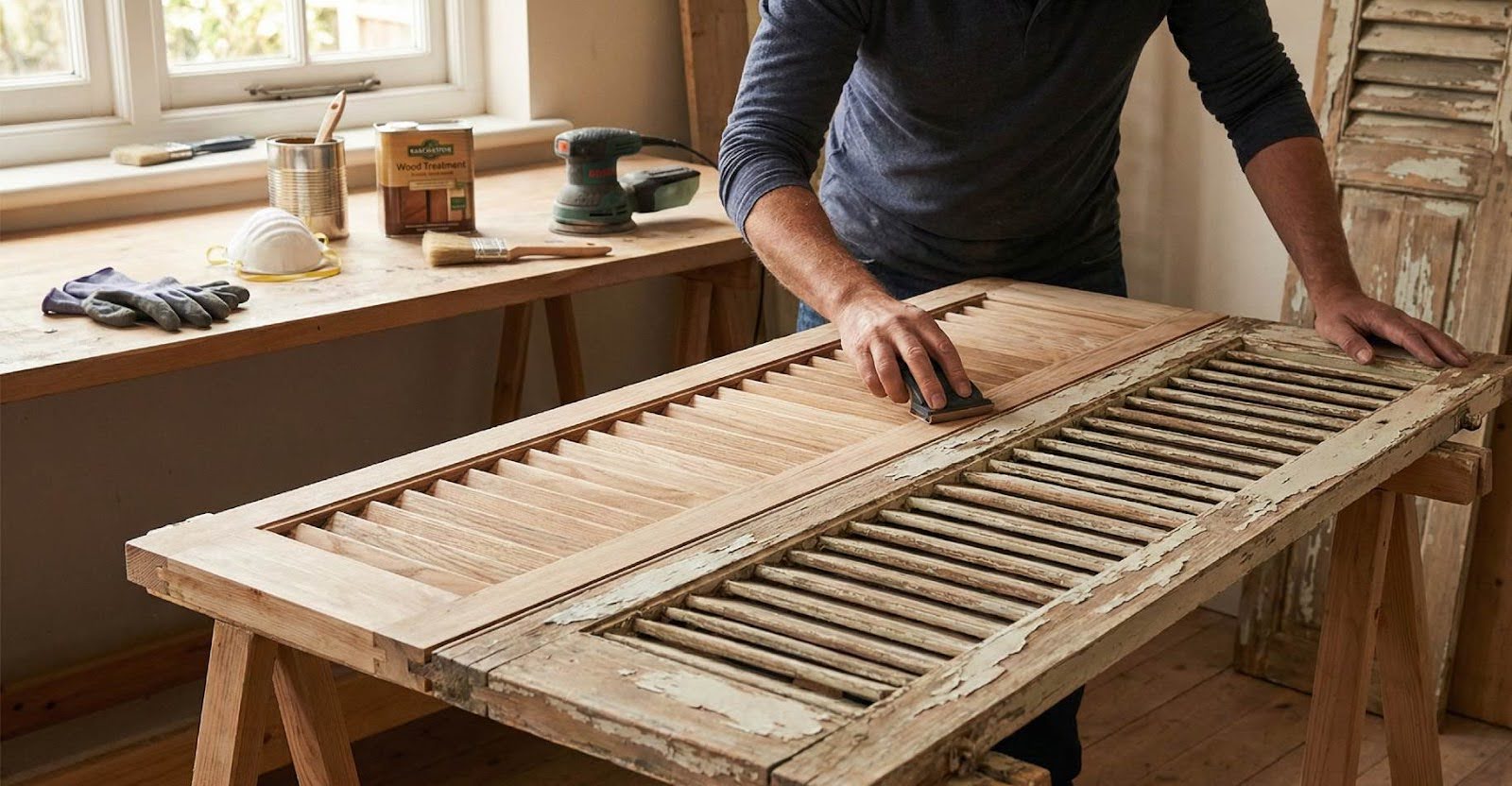 homme qui rénove des volets en bois